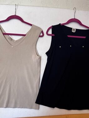 Bundle 2 Tops L Coastal Quiet Luxury Navy Studded Tan Knit V-Neck